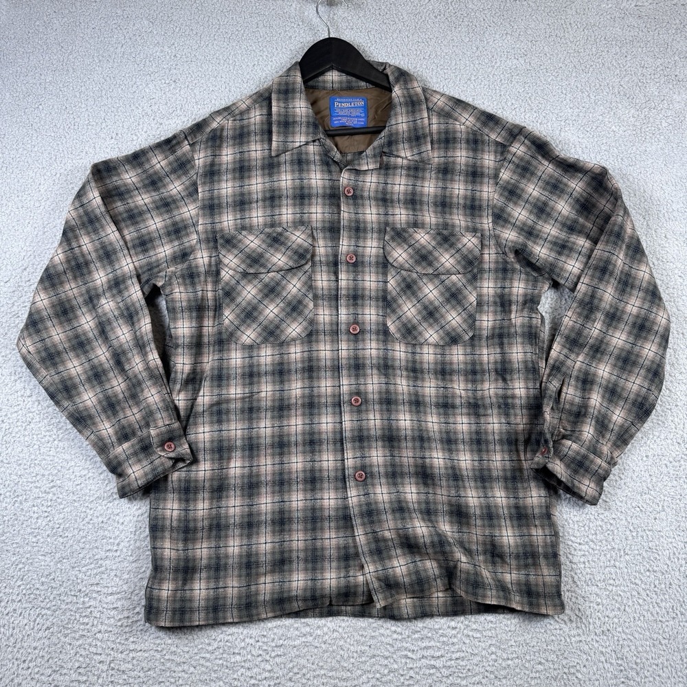 Vtg Pendleton Board Shirt Mens Medium Brown Plaid Virgin Wool Loop Collar Camp
